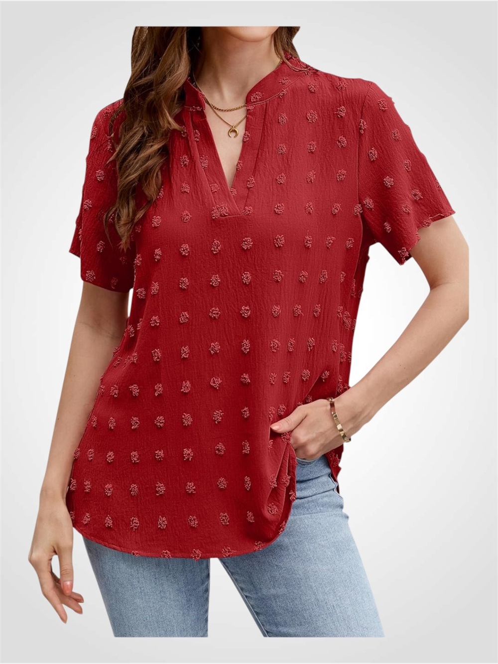 Merokeety Split-Neck Textured Short-Sleeve Blouse in Red XL